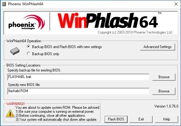 Phoenix WinPhlash64 settings